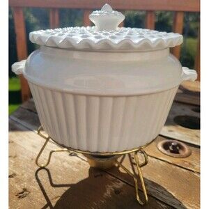 White Ceramic Hobnail Small Casserole Dish w/ lid & candle holder USA POTTERY